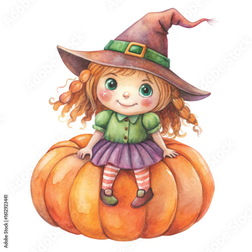Rag doll Holding a Halloween pumpkin Watercolor white background 