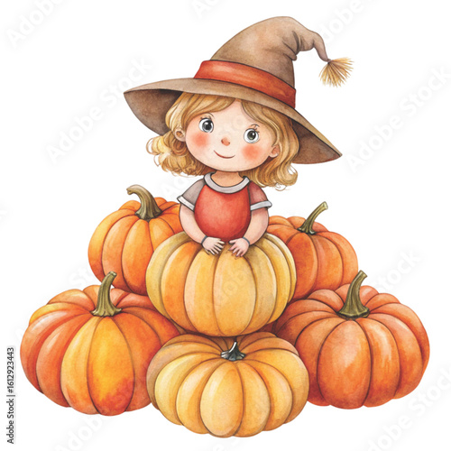 Rag doll Holding a Halloween pumpkin Watercolor white background 