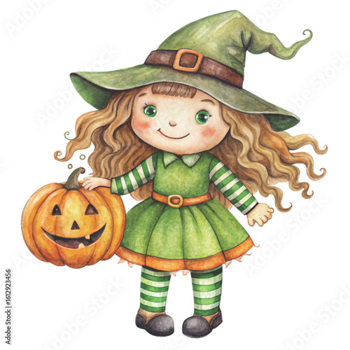 Rag doll Holding a Halloween pumpkin Watercolor white background 