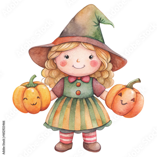 Rag doll Holding a Halloween pumpkin Watercolor white background 