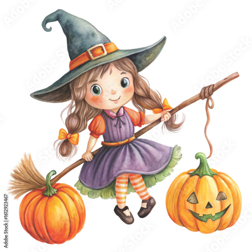 Rag doll Holding a Halloween pumpkin Watercolor white background 