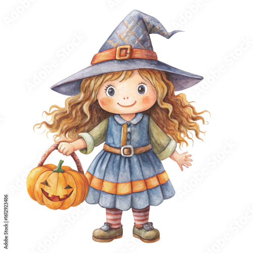 Rag doll Holding a Halloween pumpkin Watercolor white background 