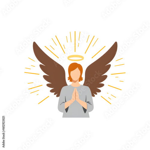 Angelic figure with wings and halo praying in a serene pose  