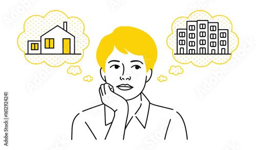 Minimal icon of individual deciding between house and apartment, symbolizing real estate choices, lifestyle planning, and residential preferences.