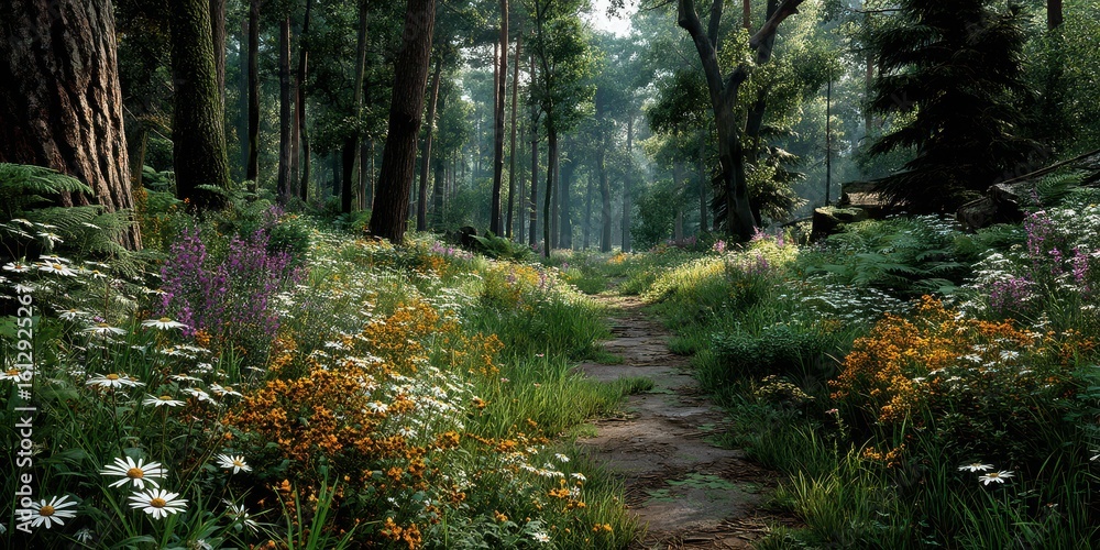 Obraz premium Lush forest pathway surrounded by wildflowers under dappled sunlight during early morning hours