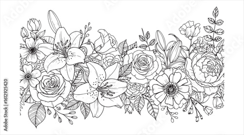 Hand-drawn floral border. Element for wedding card design

