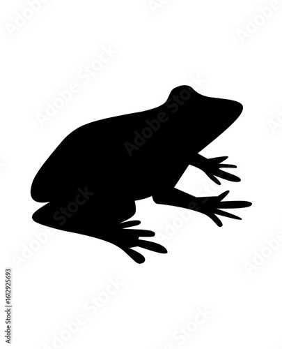 Black silhouette of a frog in a crouched position, showcasing its webbed feet and compact body symbol of nature, wetland wildlife, and amphibians.