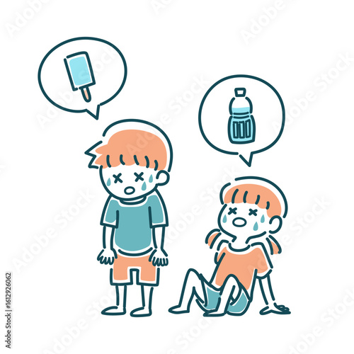 暑い日で冷たいものが欲しい男の子と女の子のイラスト