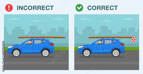Safe driving tips and traffic regulation rules. Correct and incorrect driving. Carrying a load on a vehicle roof. Side view of the car with timber. Flat vector illustration template.