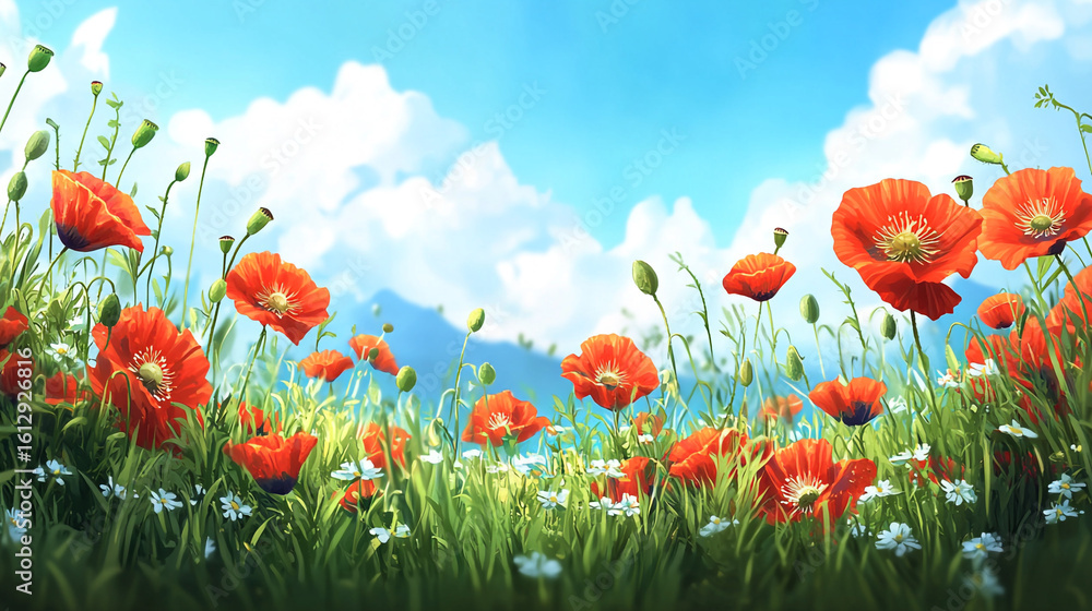 Obraz premium Vivid red poppies bloom in a sunny field wildflowers dot the green grass mountains are in the distance a beautiful summer day