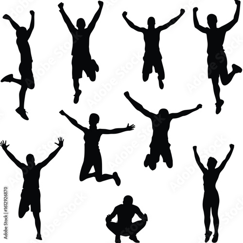 Dynamic Silhouettes of People Jumping with Exuberance Capturing Joyful Moments of Celebration and Movement in a Graphic Composition