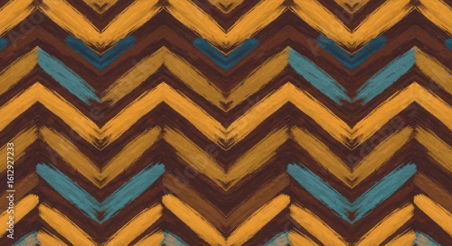 Earthy zigzag pattern Brown gold and turquoise brushstrokes in a textured design