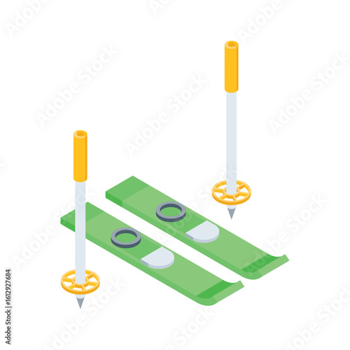 Trendy isometric icon of winter skiing poles and board