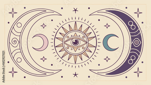 Boho celestial sun moon stars mystical esoteric astrology spiritual design vector illustration artwork