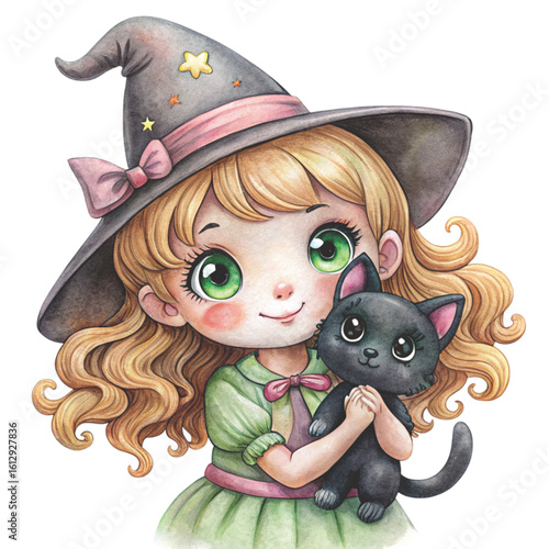 Rag doll Holding a Halloween black cat Watercolor white background 