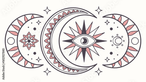 Celestial moon phases with eye and stars vector illustration for astrology and mystical designs concept