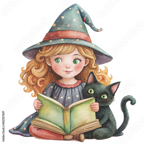 Rag doll Holding a Halloween black cat Watercolor white background 