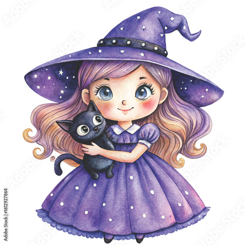 Rag doll Holding a Halloween black cat Watercolor white background 