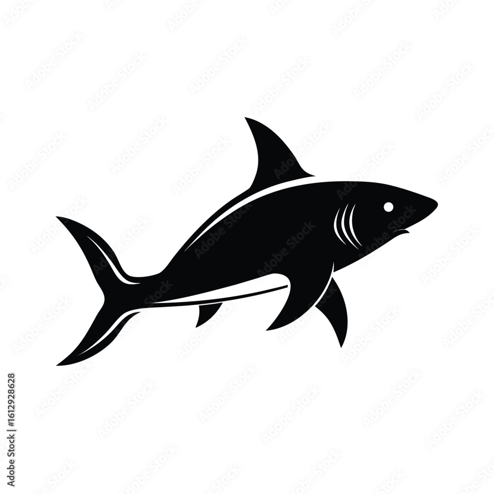Obraz premium Dynamic shark silhouette in motion on a clean white background for aquatic designs