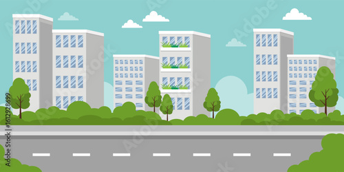 Flat style of  Urban Cityscape with Road, Trees, and Modern Buildings

