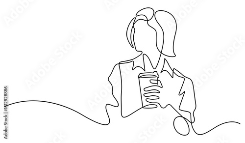 woman short hair holding coffee cup looking sideway one line drawing continuous decorative art handdrawn