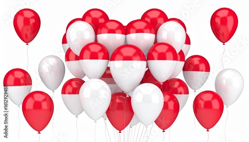 A heart-shaped arrangement of red and white balloons, symbolizing the Indonesian flag for a national day celebration or patriotic event.