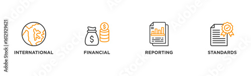 Ifrs banner web icon illustration concept for international financial reporting standards with icon of global, network, money, documents, books, and writing