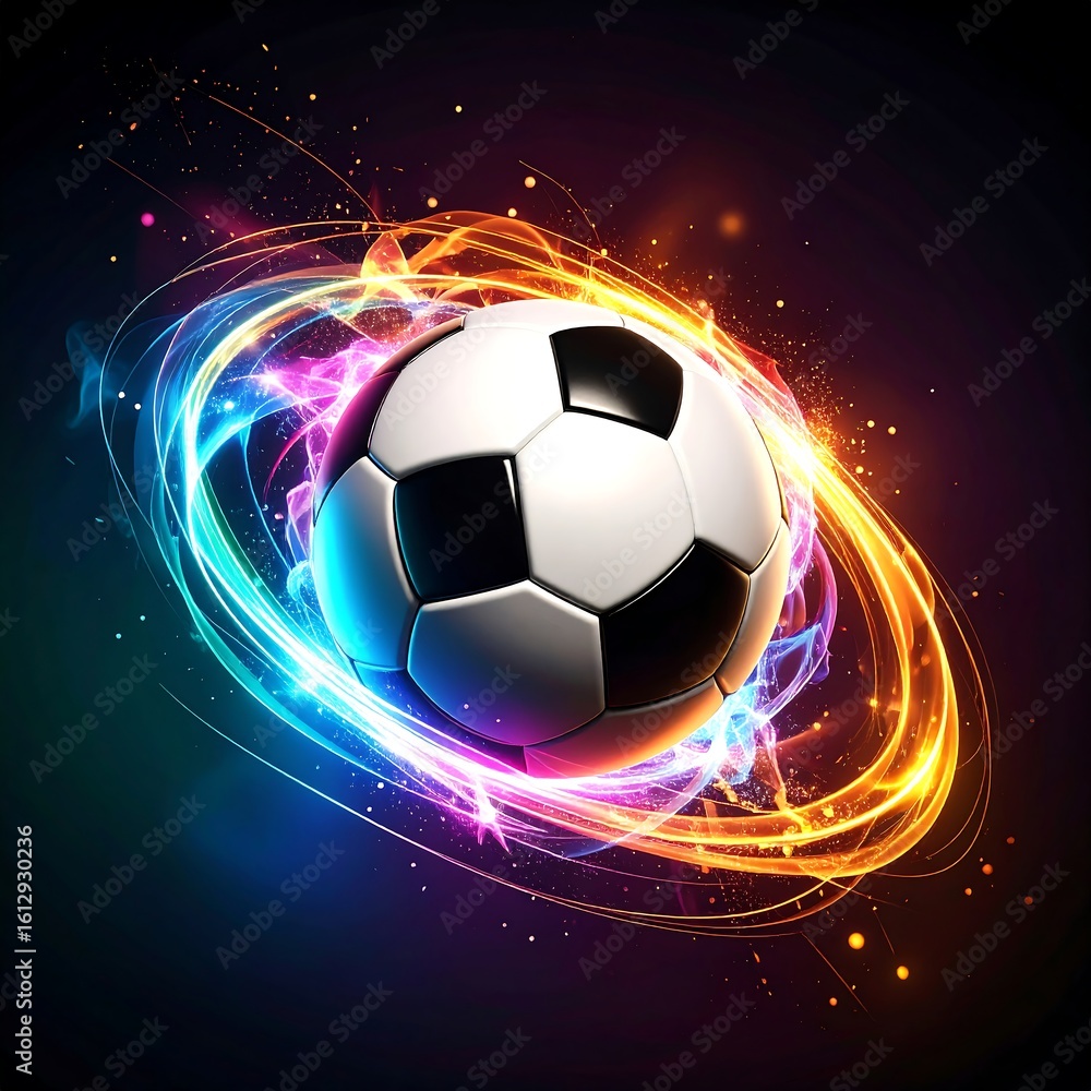 Obraz premium A soccer ball encircled by vibrant, swirling, multicolored light trails against a dark background