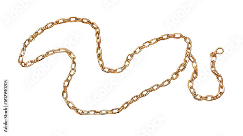 A gold chain featuring elongated interlocking links arranged in a loose, wavy shape.