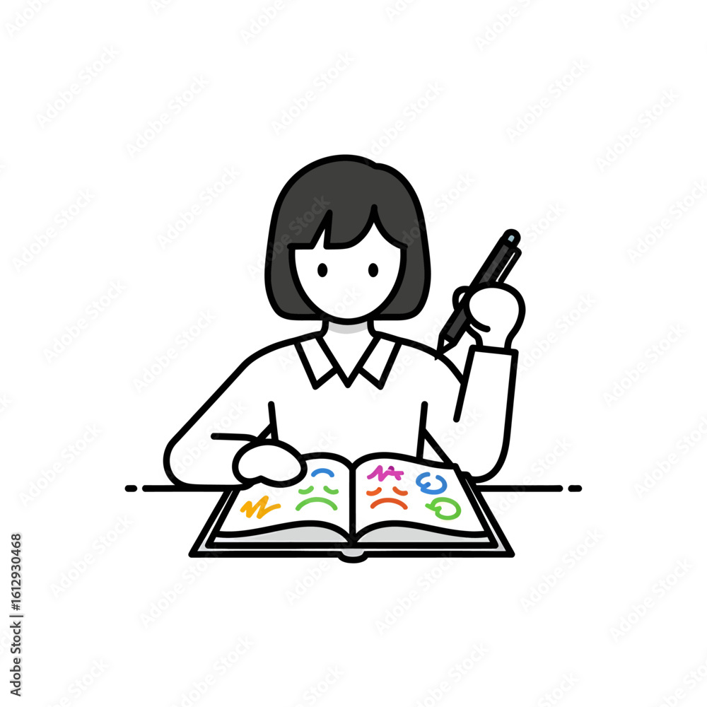 Young woman thoughtfully reviewing a book filled with colorful emotion symbols. Young woman thoughtfully reviewing a book filled with colorful emotion symbols.