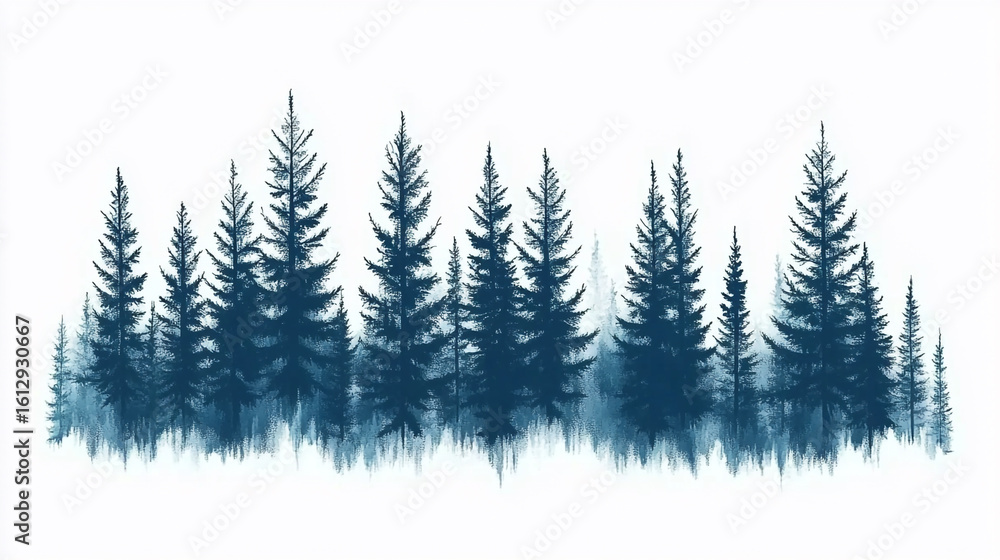 Obraz premium Dark blue pine trees forest winter landscape art nature illustration