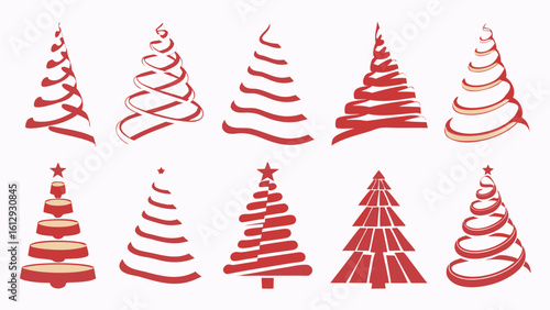 Ten red christmas tree illustrations with various styles on a white background for holiday designs