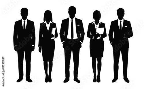 Minimal black silhouette icon of five business professionals in formal attire, symbolizing diversity, corporate presence, and teamwork.