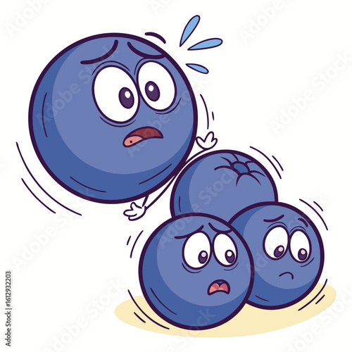 A comical vector icon of a blueberry trying to juggle three other blueberries, looking a bit stressed.