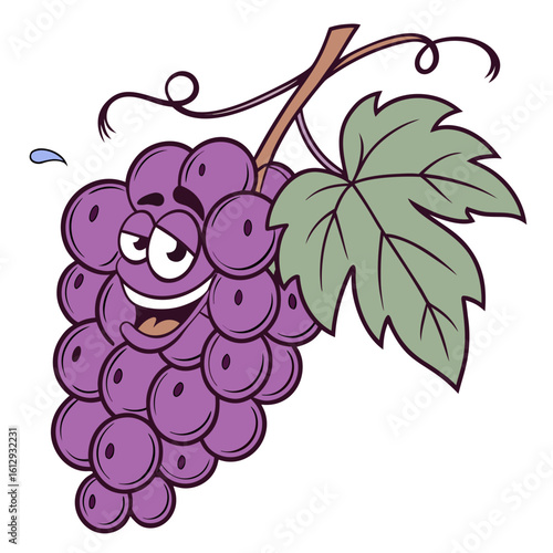 A whimsical vector icon of a bunch of grapes giggling together, with one grape winking.
