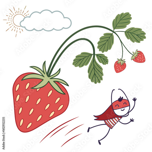 A playful vector icon of a strawberry with a tiny superhero cape, flying through the air.