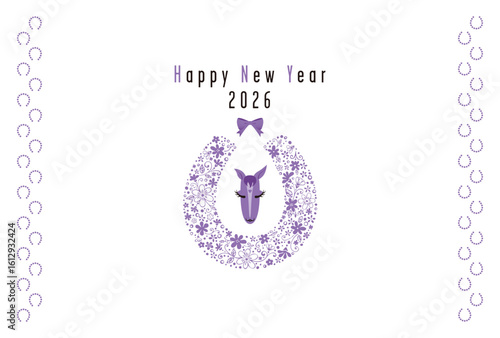 花で形どった蹄と馬の顔モチーフの2026年賀状～パープル～