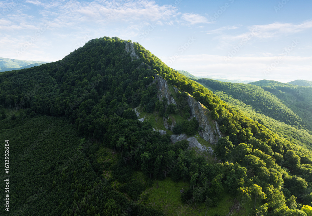 Fototapeta premium Beautiful sunrise in mountains with sun and yellow field - panorama