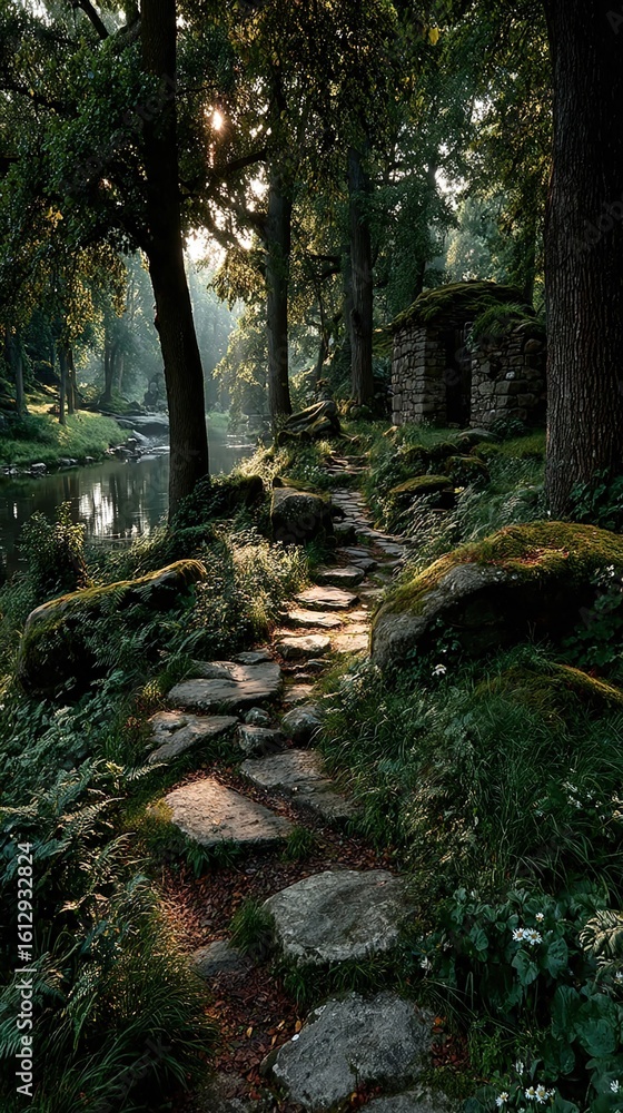 Obraz premium Sunlight Illuminating Forest Path. High quality