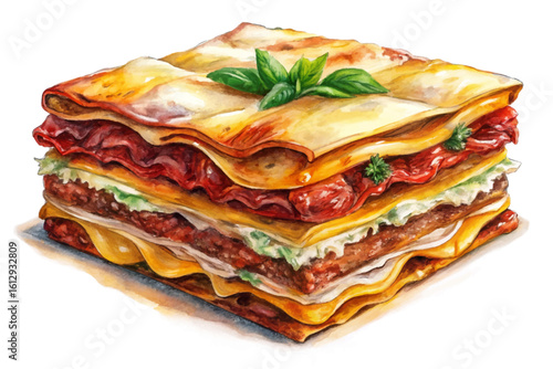 Delicious layered meat lasagna vector with golden melted cheese and creamy béchamel sauce. Perfect for food banners, restaurant menus, and Italian cuisine illustrations
