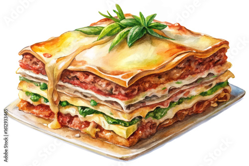Delicious layered meat lasagna vector with golden melted cheese and creamy béchamel sauce. Perfect for food banners, restaurant menus, and Italian cuisine illustrations