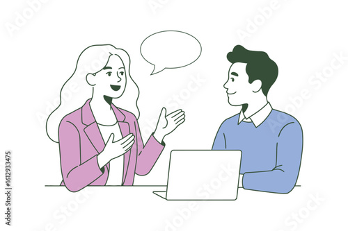 Minimal black line icon of two professionals in conversation, with expressive gestures and laptop, symbolizing communication and collaboration.