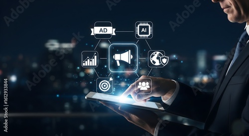 Wallpaper Mural Visual representation of a comprehensive marketing ecosystem, where various elements like advertising, AI, analytics, and global reach are connected to a central communication tool. Torontodigital.ca