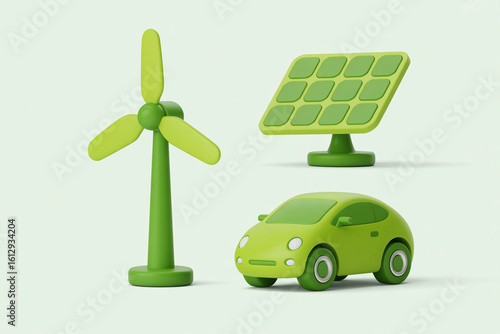 Eco-Friendly 3D Icons Set of Wind Turbine, Solar Panel, and Electric Car in Plastic Style