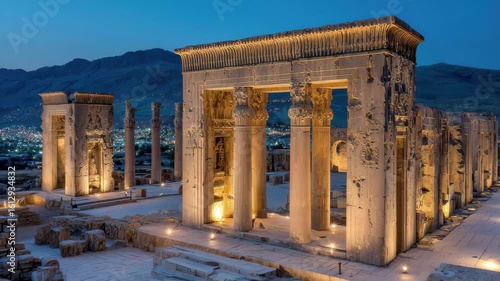 Persepolis ruins ancient Persia night view illuminated columns, 4k video footage