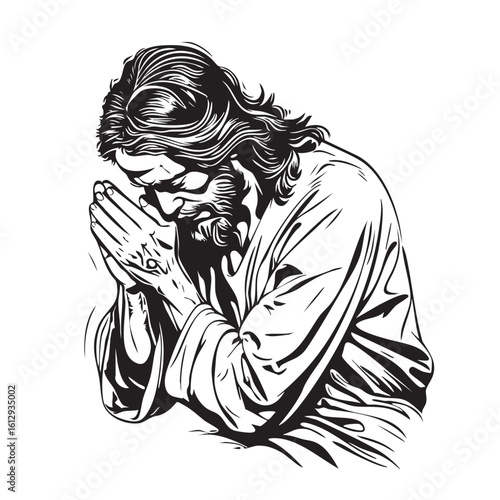 Black and White Line Art of Jesus Praying