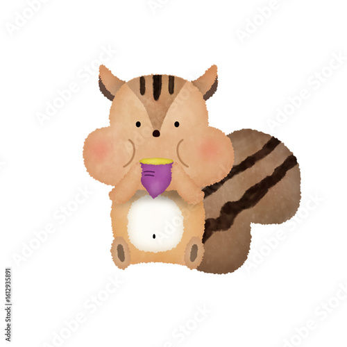 水彩風　秋のリスと焼き芋のイラスト｜かわいい・動物・背景透過PNG