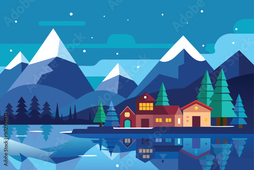Mountain Village with Snowy Peaks and Pine Trees