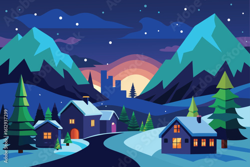 Winter Cabin with Sunset and Pink Sky