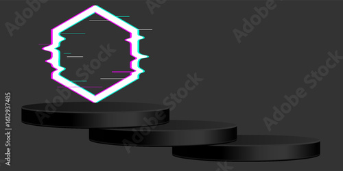 Futuristic Glowing Portal on Black Podium – Neon Glitch Sci-Fi Gateway Concept